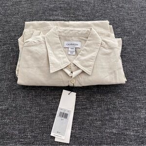 Calvin Klein Men Beige Linen Cotton Collared Shirt